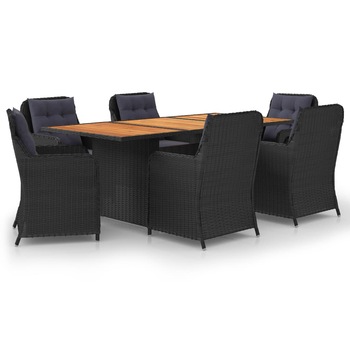 Set mobilier de terasa 7 piese masa cu 8 scaune-fotoliu, vidaXL, Ratan-lemn, 200 x 100 x 74 cm, Negru-perne negru Set mobilier de terasa 7 piese masa cu 8 scaune-fotoliu, vidaXL, Ratan-lemn, 200 x 100 x 74 cm, Negru-perne negru