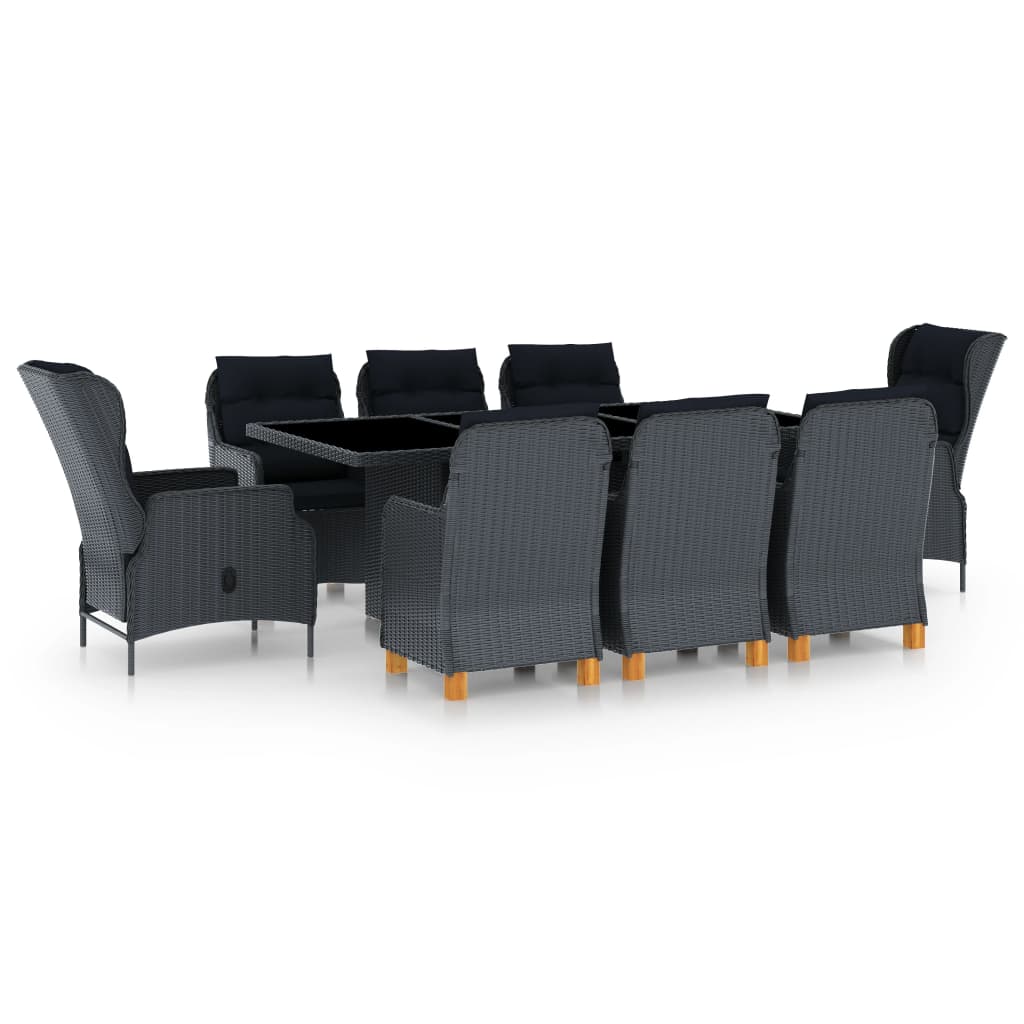 Set mobilier de exterior cu 6 fotolii, 2 scaune rabatabile cu perne si 1 masa blat sticla vidaXL, Poliratan, 200 x 100 x 74 cm, Gri inchis/Negru