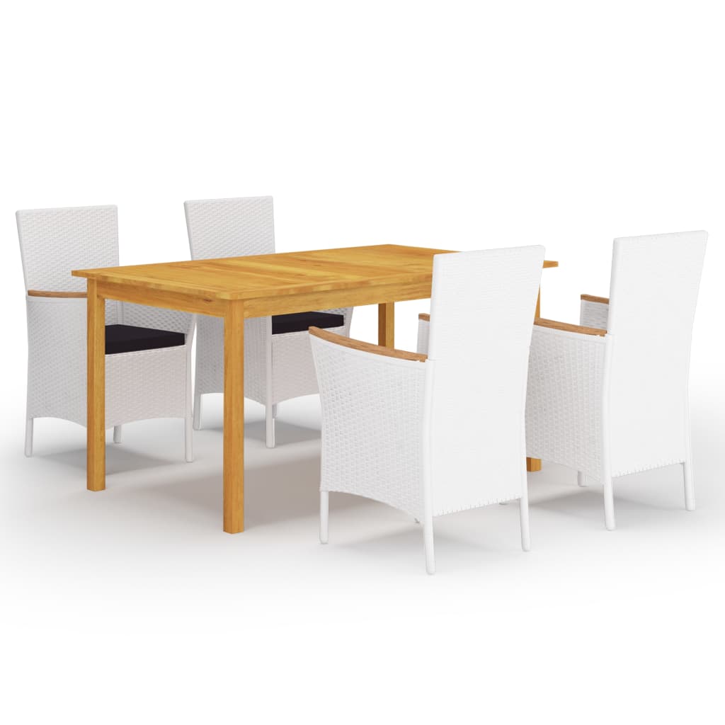 Set mobilier de gradina cu 5 piese masa cu fotolii, vidaXL, Ratan-Lemn masiv de acacia, 150 x 90 x 74 cm, Alb-Maro