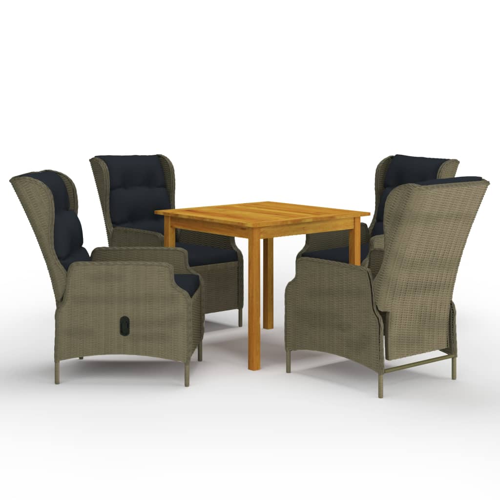 Set mobilier de gradina 5 piese masa cu fotolii reglabile, vidaXL, Ratan si lemn masiv acacia finisaj ulei, 85 x 85 x 74 cm, Maro
