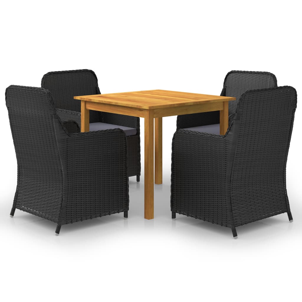 Set mobilier de gradina 5 piese masa cu fotolii, vidaXL, Ratan si lemn masiv acacia finisaj ulei, 85 x 85 x 74 cm, Negru-Maro miere