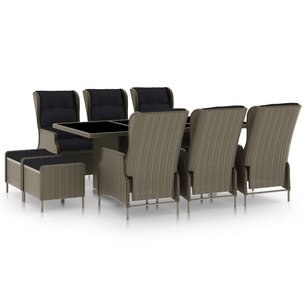 Set mobilier de exterior 9 piese masa cu scaune fotoliu si tabureti, vidaXL, Ratan-Sticla, Maro-perne negru