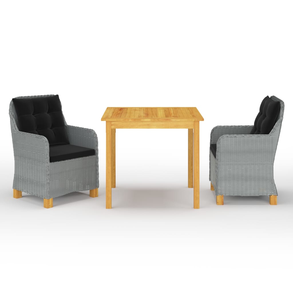 Set mobilier de gradina 3 piese masa cu fotolii, vidaXL, Ratan si lemn masiv acacia finisaj ulei, 85 x 85 x 74 cm, Gri-Maro
