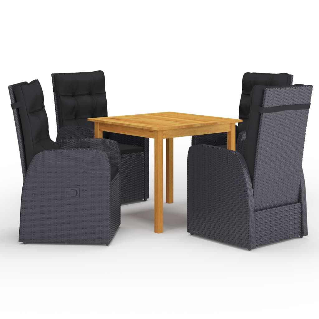 Set mobilier de gradina 5 piese masa cu fotolii, vidaXL, Ratan si lemn masiv de acacia finisaj ulei, 85 x 85 x 74 cm, Negru-Maro miere