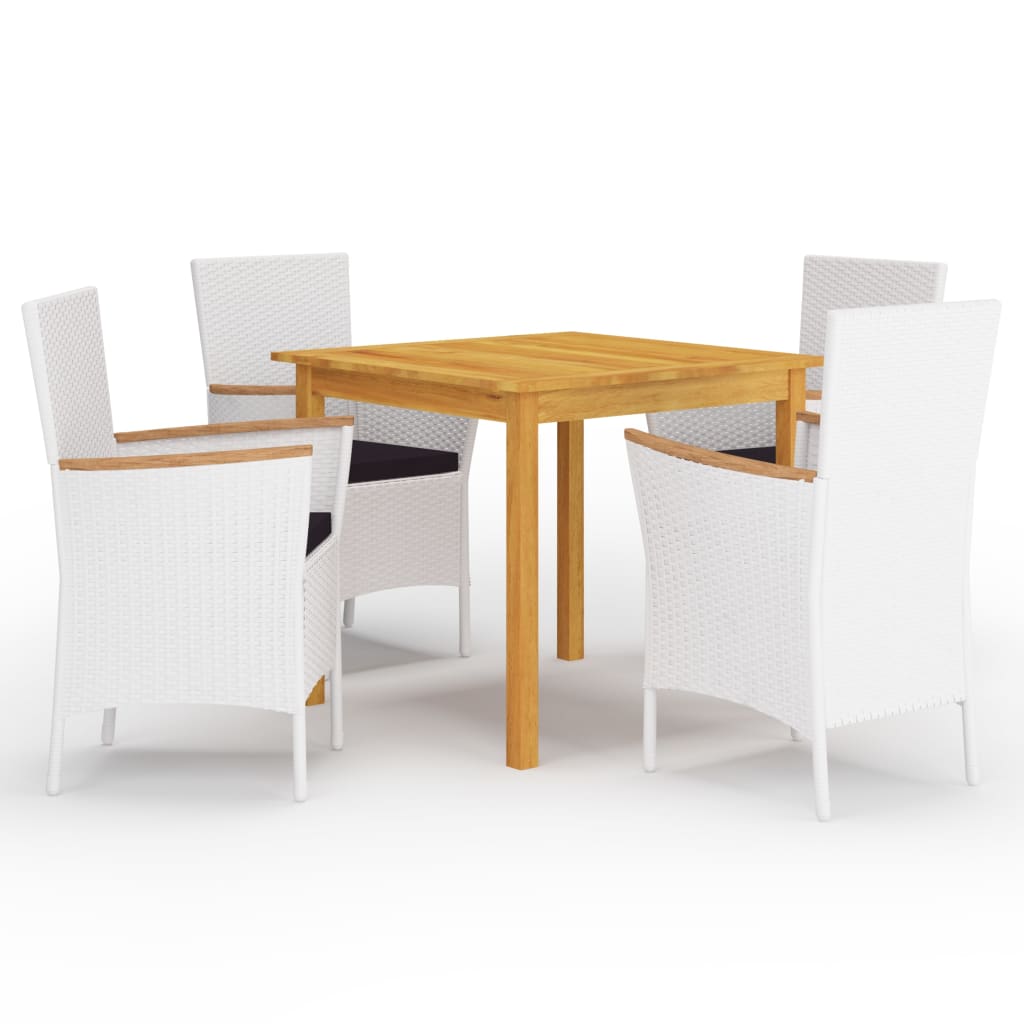 Set mobilier de gradina 5 piese masa cu fotolii, vidaXL, Ratan si lemn masiv de acacia finisaj ulei, Alb-Maro
