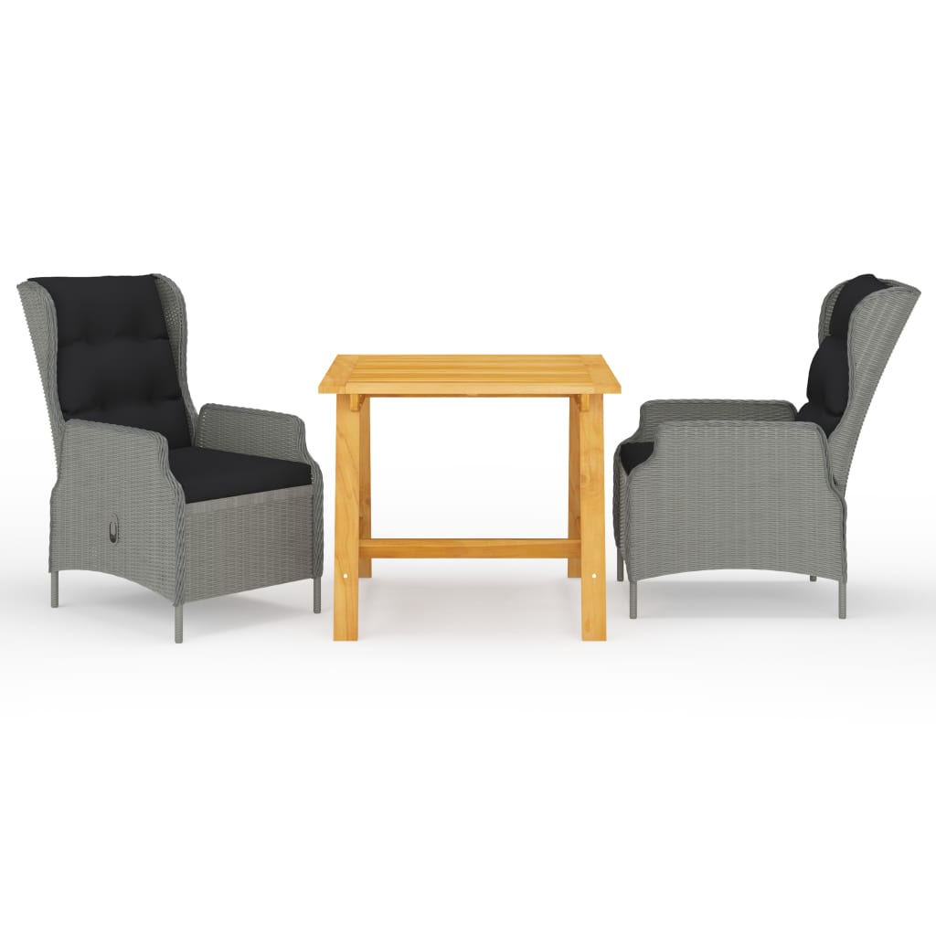 Set mobilier de gradina 3 piese masa cu fotolii, vidaXL, Ratan si lemn masiv de acacia finisaj ulei, Gri-maro