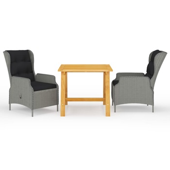 Set mobilier de gradina 3 piese masa cu fotolii, vidaXL, Ratan si lemn masiv de acacia finisaj ulei, Gri-maro Set mobilier de gradina 3 piese masa cu fotolii, vidaXL, Ratan si lemn masiv de acacia finisaj ulei, Gri-maro