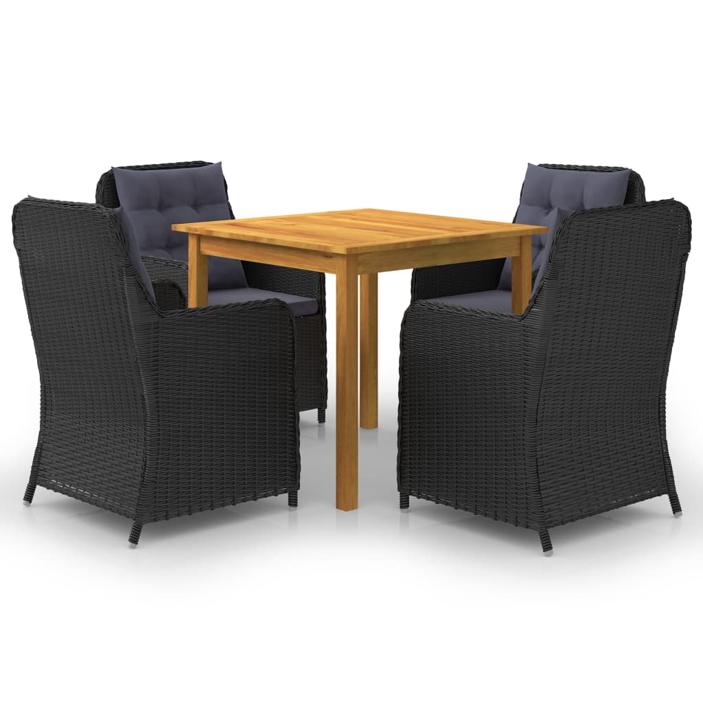 Set mobilier de gradina 5 piese masa cu 4 scaune cu perne, vidaXL, Lemn masiv acacia/Ratan, Negru-Maro