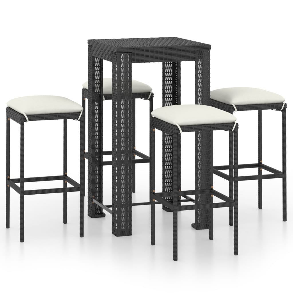 Set mobilier de bar de gradina 5 piese masa cu scaune, vidaXL, Ratan-Otel, Negru-perne alb