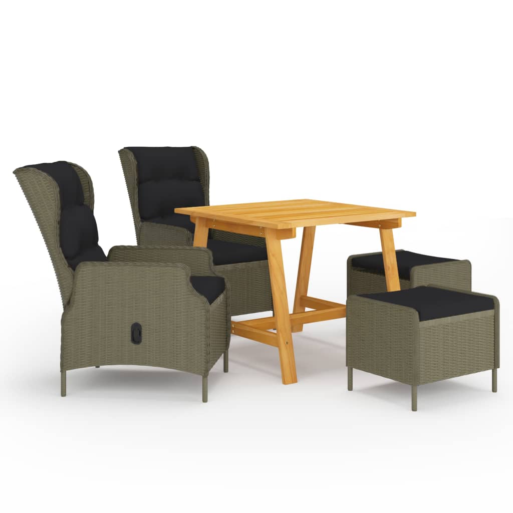 Set mobilier de gradina 5 piese masa cu fotolii si tabureti, vidaXL, Ratan si lemn masiv de acacia finisaj ulei, Maro