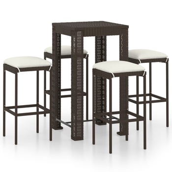 Set mobilier de bar de gradina 5 piese masa cu 4 scaune, vidaXL, Ratan-Otel, Maro-perne alb Set mobilier de bar de gradina 5 piese masa cu 4 scaune, vidaXL, Ratan-Otel, Maro-perne alb