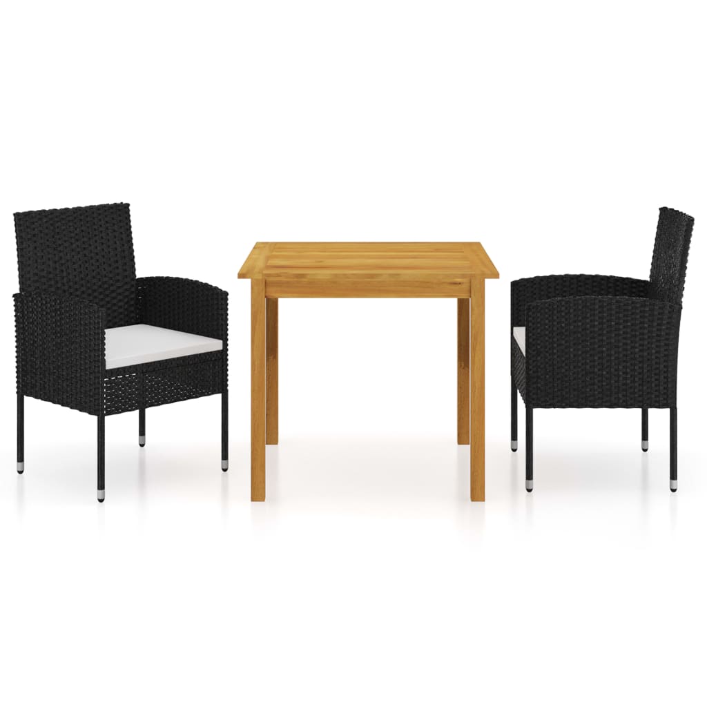 Set mobilier de gradina 3 piese masa cu fotolii, vidaXL, Ratan si lemn masiv acacia finisaj ulei, 85 x 85 x 74 cm, Negru-Maro miere