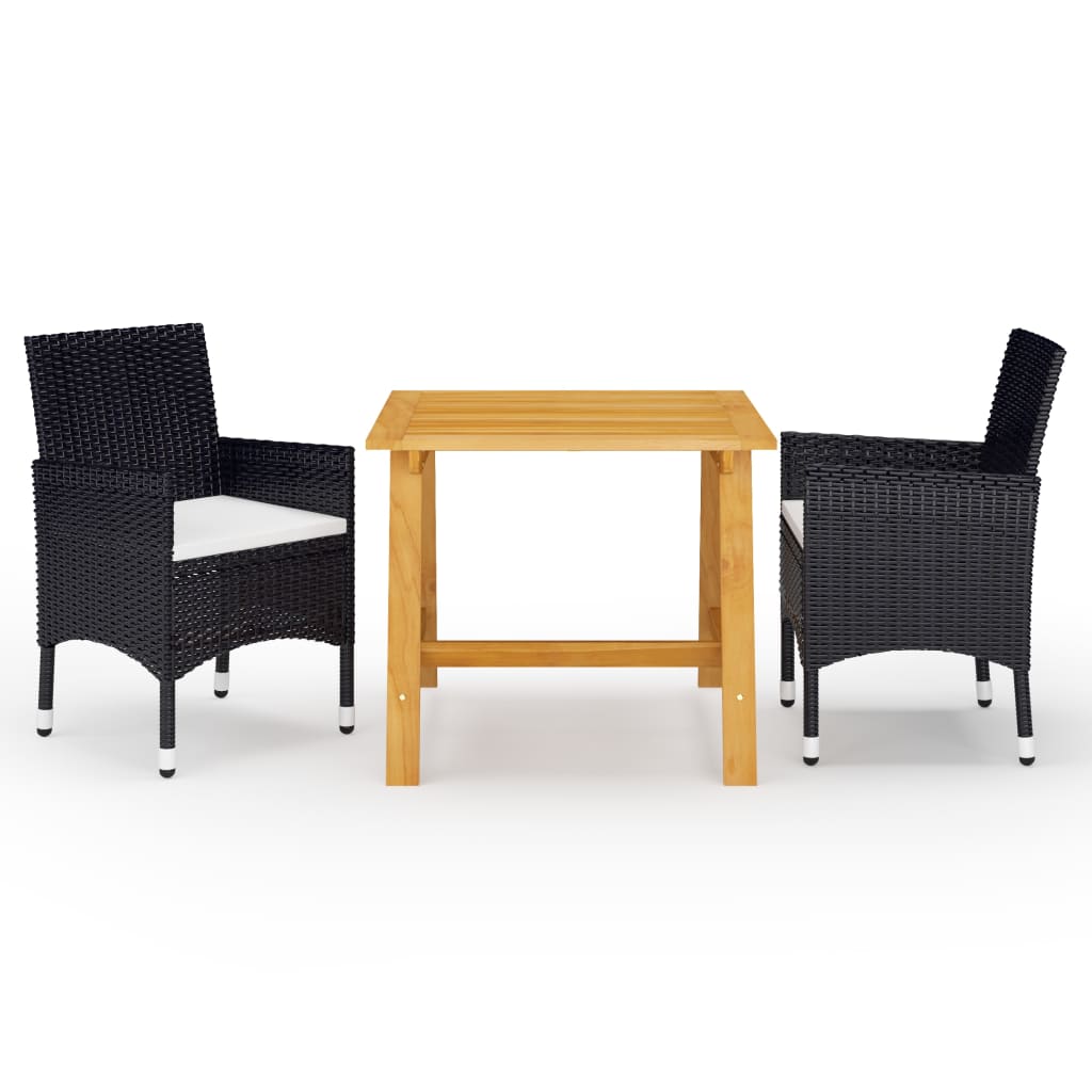 Set mobilier de gradina din 3 piese cu masa din lemn masiv si perne vidaXL, Poliratan, 88 x 88 x 74 cm, Negru/Maro