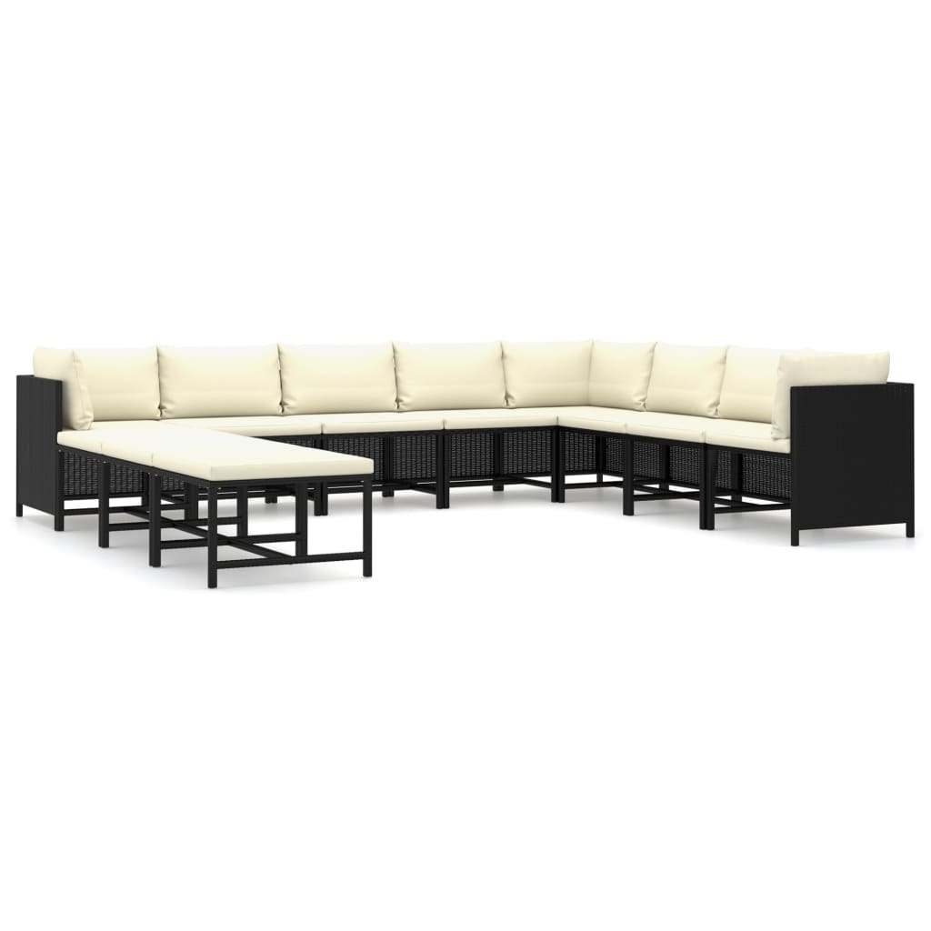 Set mobilier de gradina cu 11 piese cu perne incluse, vidaXL, Poliratan, 60 x 60 x 60 cm, Negru