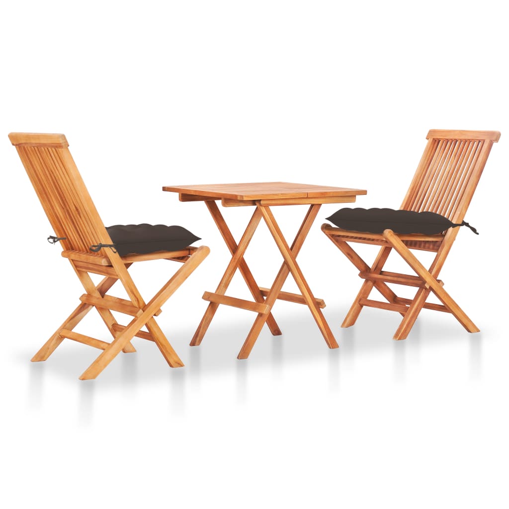 Set mobilier de exterior/gradina cu 3 piese pliabile cu perne, vidaXL, Lemn de tec, 60 x 60 x 65cm, Taupe