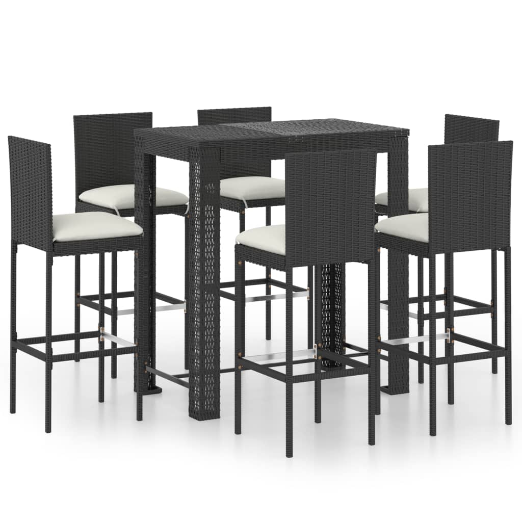 Set mobilier de bar de gradina 7 piese masa cu scaune fotoliu, vidaXL, Ratan-Otel, Negru-perne alb