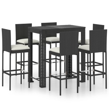 Set mobilier de bar de gradina 7 piese masa cu scaune fotoliu, vidaXL, Ratan-Otel, Negru-perne alb Set mobilier de bar de gradina 7 piese masa cu scaune fotoliu, vidaXL, Ratan-Otel, Negru-perne alb