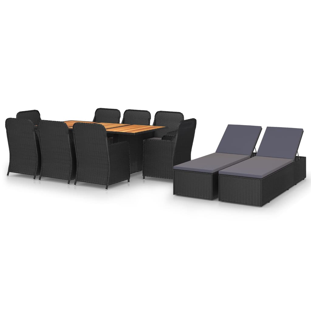 Set mobilier de terasa 11 piese masa cu 8 scaune-fotoliu si sezlonguri, vidaXL, Ratan-Lemn, 200 x 100 x 74 cm, Negru-perne negru