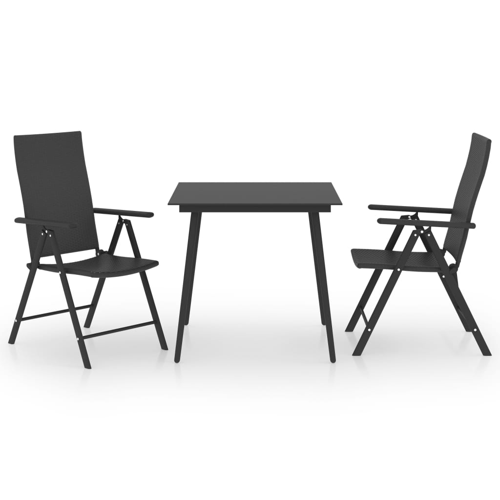 Set mobilier de gradina 3 piese masa cu 2 scaune, vidaXL, Ratan-sticla-otel, 80 x 80 x 74 cm, Negru