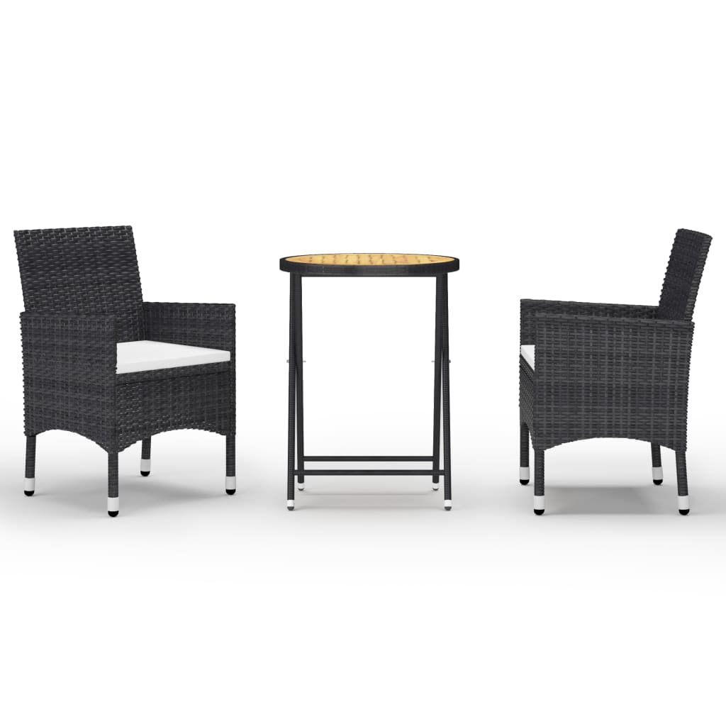 Set mobilier de bistro din 3 piese cu perne si masa rotunda cu blat din lemn masiv vidaXL, Poliratan, 60 x 75 cm, Negru