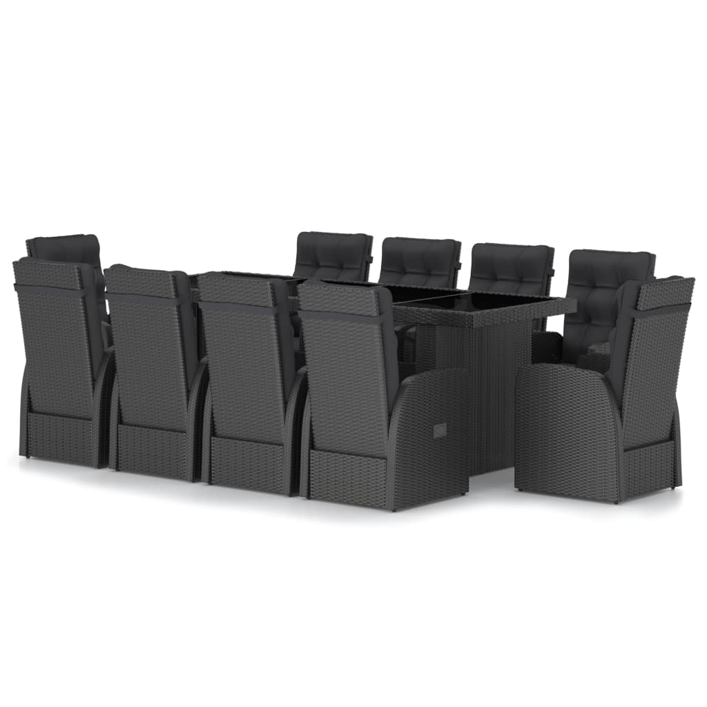 Set mobilier de terasa 11 piese masa cu 9 scaune-fotoliu, vidaXL, Ratan, 240 x 90 x 74 cm, Negru-perne negru