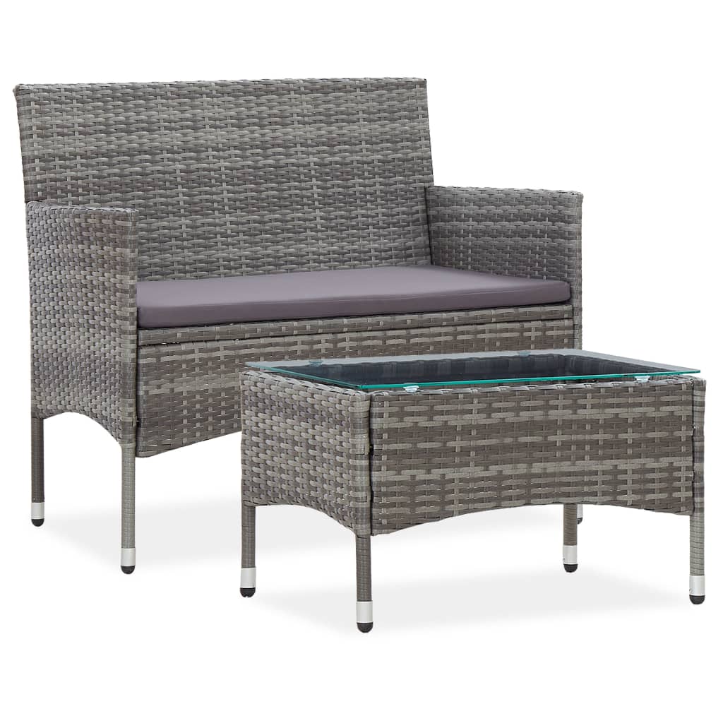 Set mobilier de gradina cu perna 2 piese canapea cu masa, vidaXL, Ratan-Sticla, Gri cu perna gri