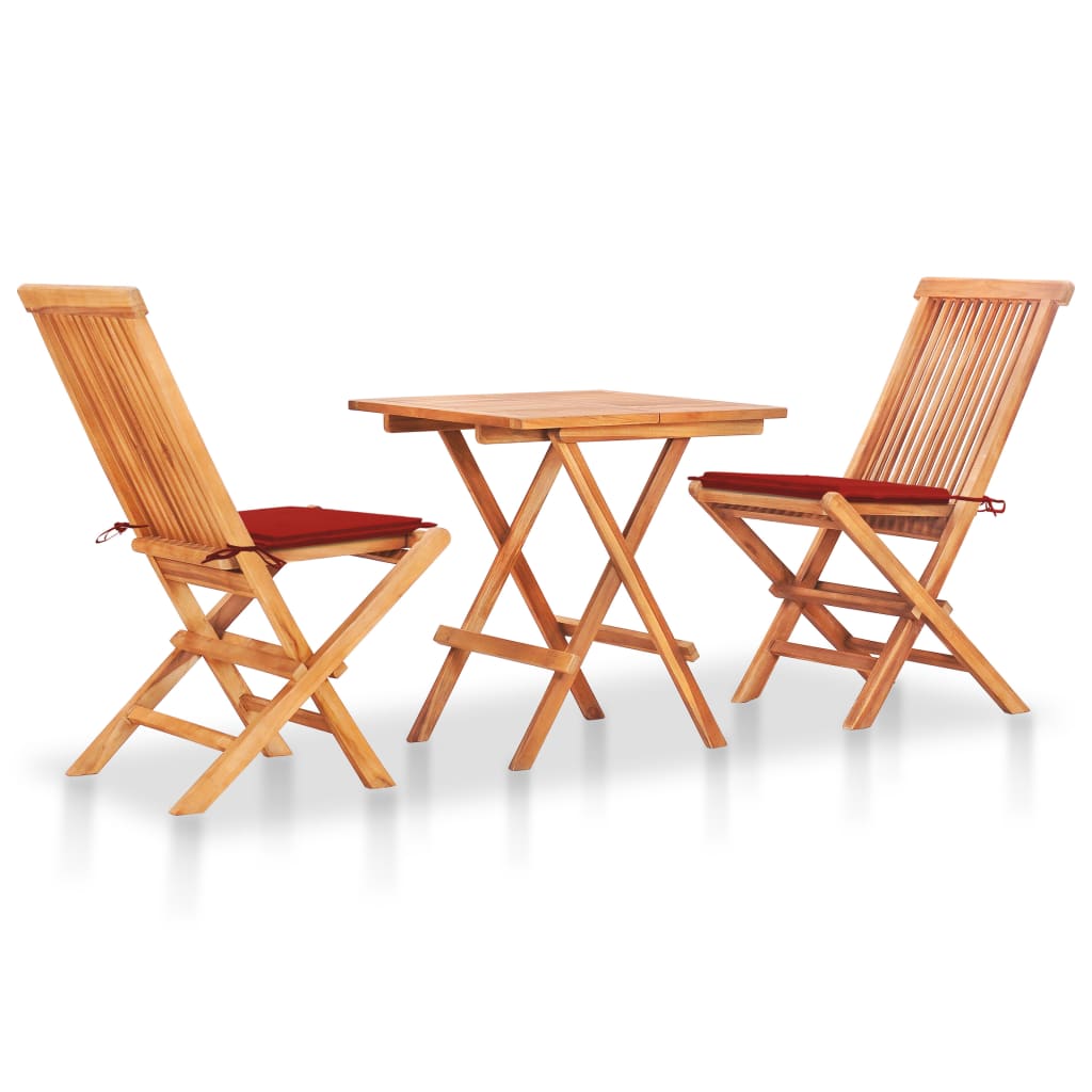 Set mobilier de exterior/gradina cu 3 piese pliabile cu perne colorate, vidaXL, Lemn de tec, 60 x 60 x 65 cm, Rosu
