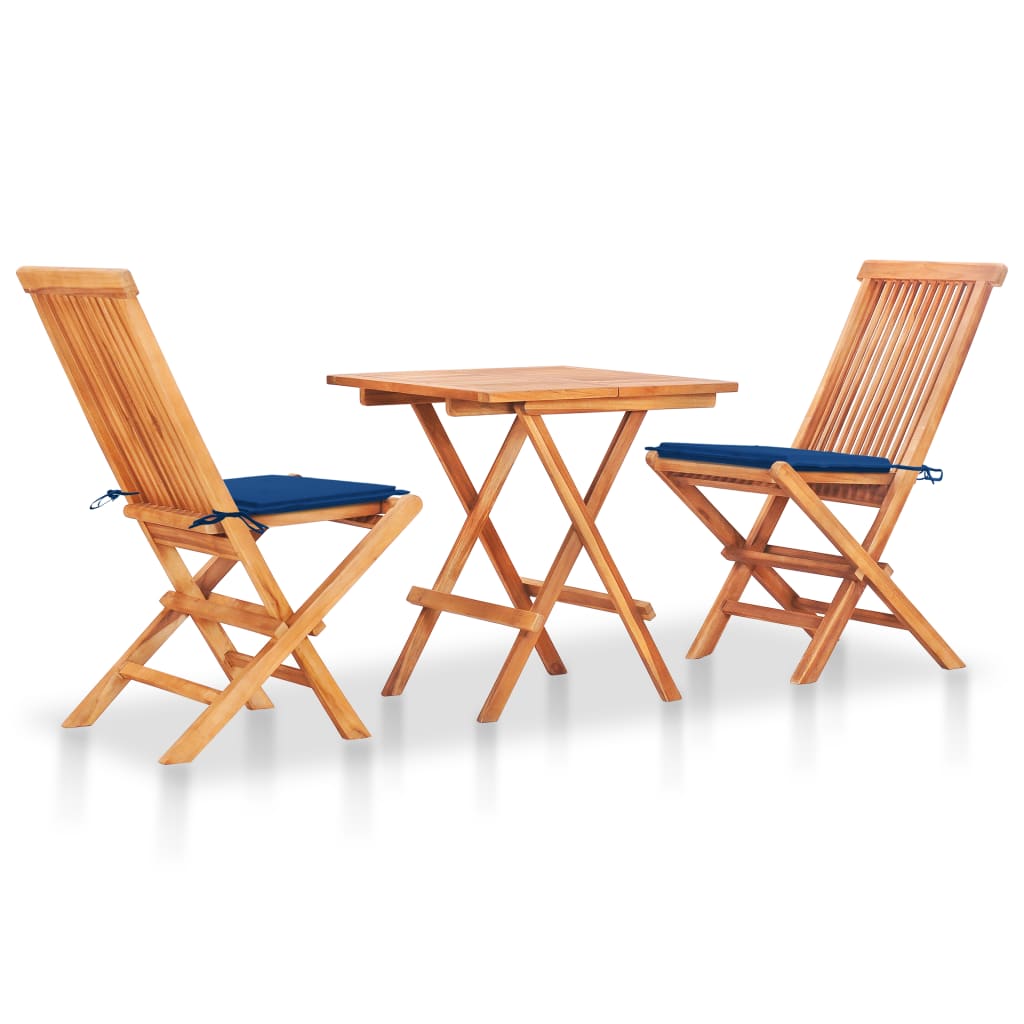Set bistro 3 piese cu perne albastru regal, lemn masiv de tec