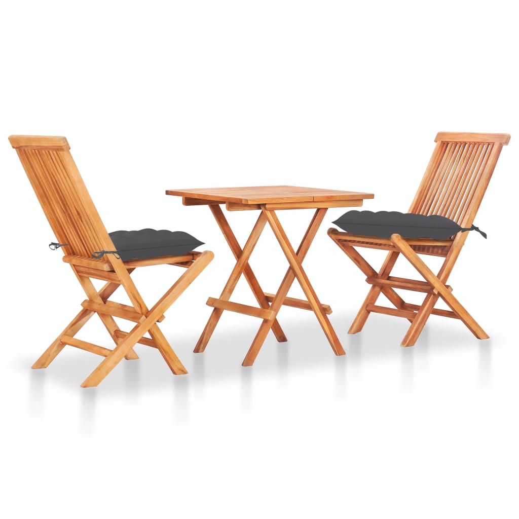 Set mobilier de exterior din 3 piese pliabile cu perne vidaXL, Lemn de tec, 60 x 60 x 65 cm, perna 7 cm, Maro/Antracit
