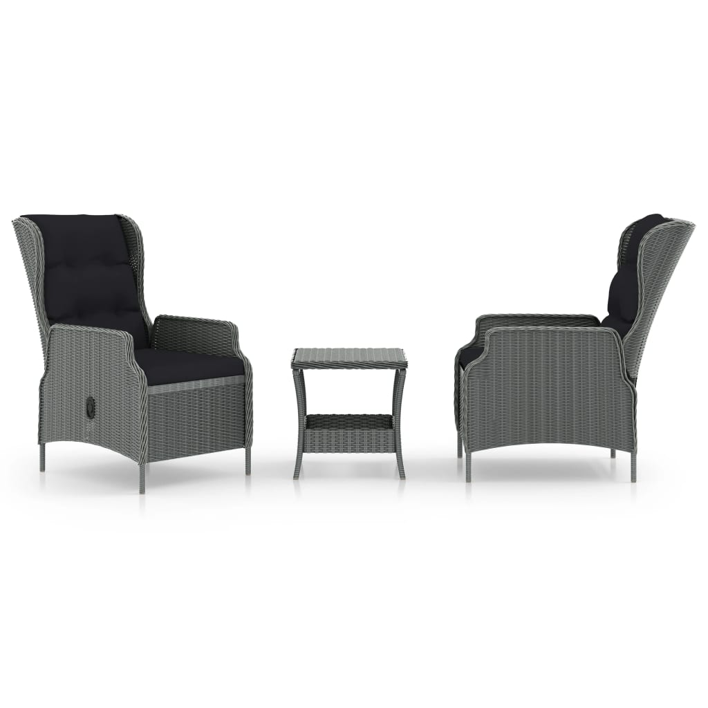 Set mobilier de gradina cu 2 scaune rabatabile cu perne si 1 masa vidaXL, Poliratan, 45 x 45 x 46.5 cm, Gri deschis/Negru