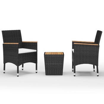 Set mobilier de bistro din 3 piese cu perne si masa cu blat din lemn masiv vidaXL, Poliratan, 41.5 x 41.5 x 43 cm, Negru/Crem Set mobilier de bistro din 3 piese cu perne si masa cu blat din lemn masiv vidaXL, Poliratan, 41.5 x 41.5 x 43 cm, Negru/Crem
