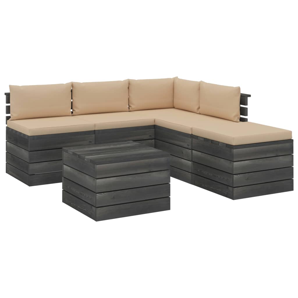 Set mobilier de gradina 6 piese, din paleti cu perne, canapea cu masuta cafea, vidaXL, Lemn masiv de pin, Gri cu perne bej