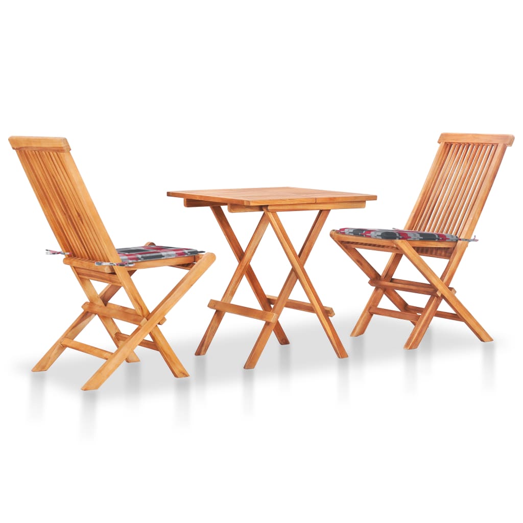 Set bistro cu perne rosii carouri, 3 piese, lemn masiv de tec