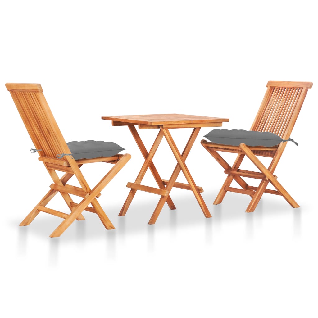 Set mobilier de bistro exterior 3 piese masa cu scaune pliabile, vidaXL, Lemn masiv de tec/Poliester, Maro miere cu perne gri