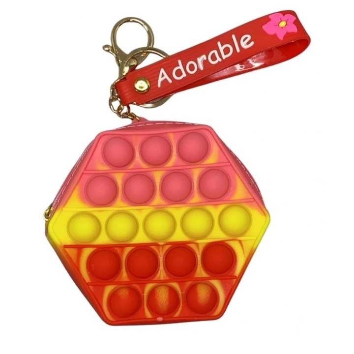 Érzékszervi játék Pop it Wallet Hatszögletű piros és rózsaszín, 9 cm, Avaleea