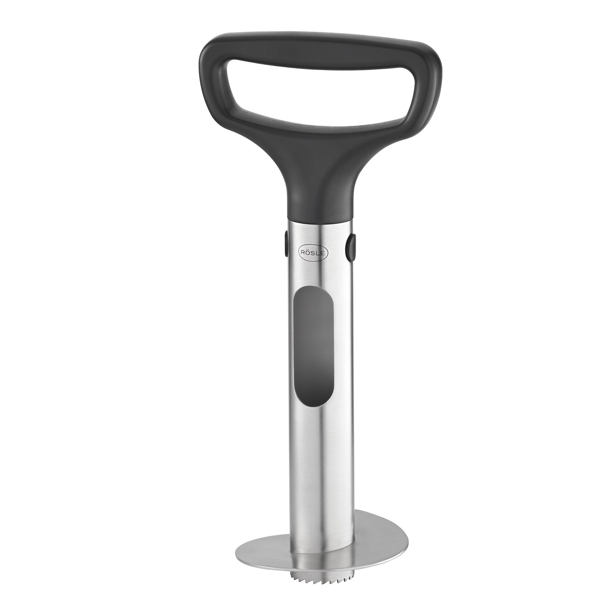 Dispozitiv pentru curatat si feliat ananas, Rösle, feliere circulara, indeparteaza miezul, otel inoxidabil, usor de folosit, negru/inox