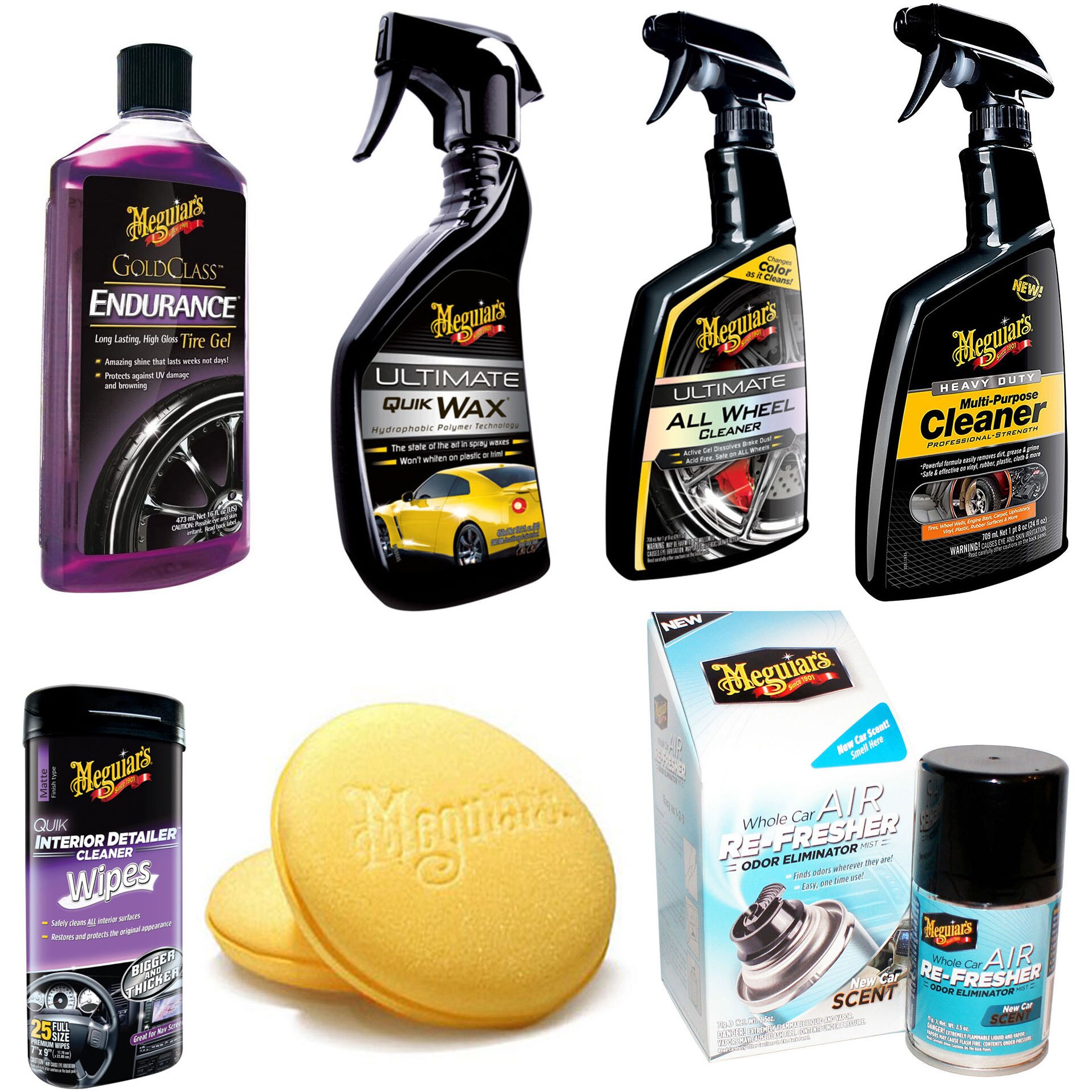 Pachet cosmetica auto premium Meguiar's pentru interior si exterior, contine: solutie curatare universala, solutie curatare jante, ceara auto spray ,servetele umede pentru interior, odorizant auto si 2 x burete aplicator