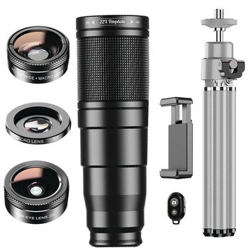 Set lentile 4 in1 Apexel, pentru camere telefon, optice HD, teleobiectiv 22X, lentile Macro, Wide, Fisheye cu trepied si telecomanda Set lentile 4 in1 Apexel, pentru camere telefon, optice HD, teleobiectiv 22X, lentile Macro, Wide, Fisheye cu trepied si telecomanda