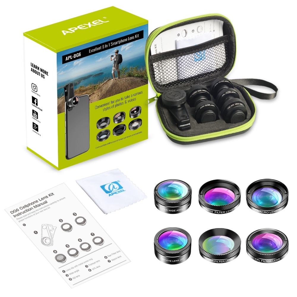 Kit lentile profesionale 6 in 1, Fish Eye, Wide Angle, macro, cu clip de prindere compatibil cu Samsung, Iphone sau alte telefoane smart