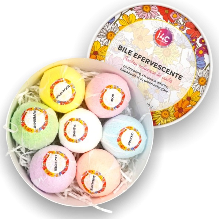 Set 7 bombe de baie efervescente cu arome si culori diferite, gift box, 920 g, sare de baie Ideas4Comfort