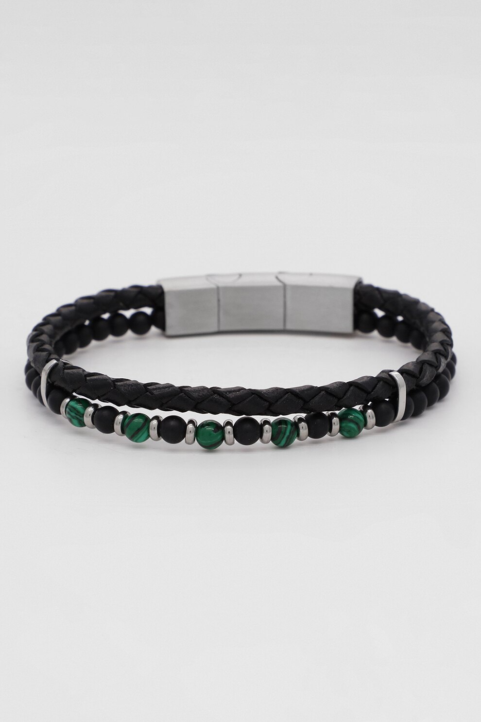 Rockstone, Bratara de piele cu model impletit si margele, Negru/Verde/Argintiu, 19 CM Standard