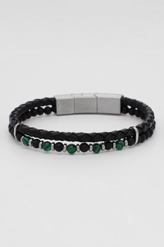 Rockstone, Bratara de piele cu model impletit si margele, Negru/Verde/Argintiu, 19 CM Standard Rockstone, Bratara de piele cu model impletit si margele, Negru/Verde/Argintiu, 19 CM Standard