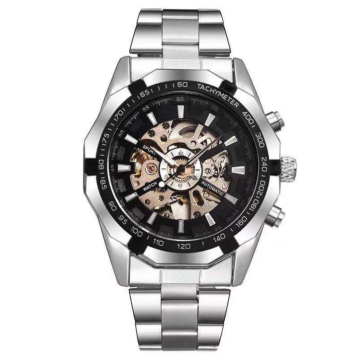 Мъжки автоматичен часовник, сплав/метал, сребрист/черен
