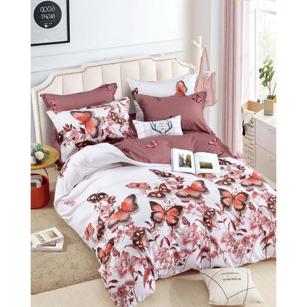 Set Lenjerie Finet, Cearceaf de Pat cu Elastic, 6 Piese, Pat 2 Persoane, Brick Butterfly, FNJE-54