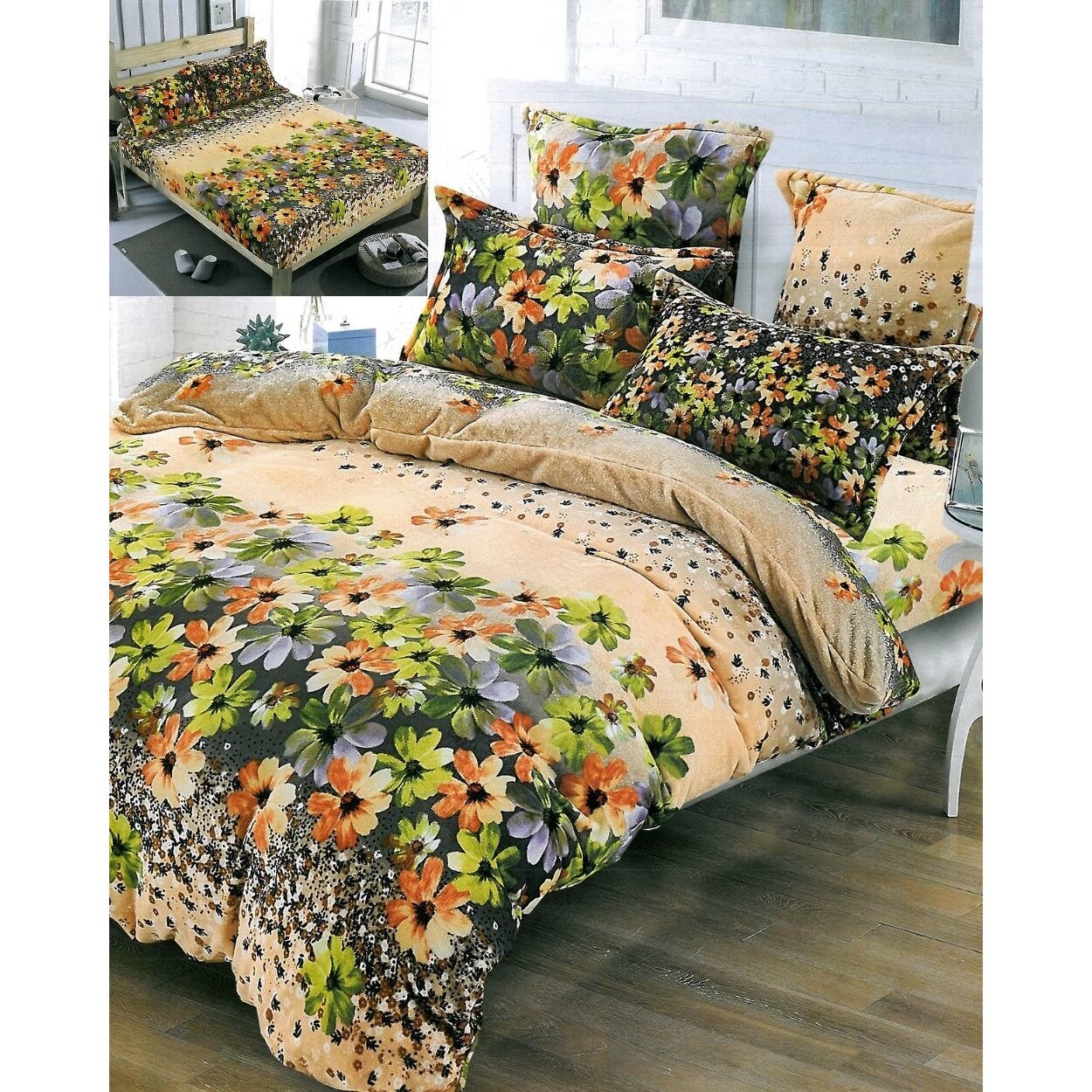 Lenjerie de Pat Cocolino cu Elastic, 2 Fete, 6 Piese, Pat 2 Persoane, Floricele Verzi, LCT-34