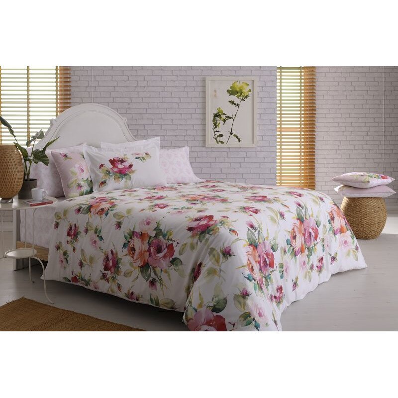 Set de pat pentru 2 persoane, din bumbac satinat, Tac, Leslie ,6 piese ,alb cu imprimeu flori ,240x260 cm