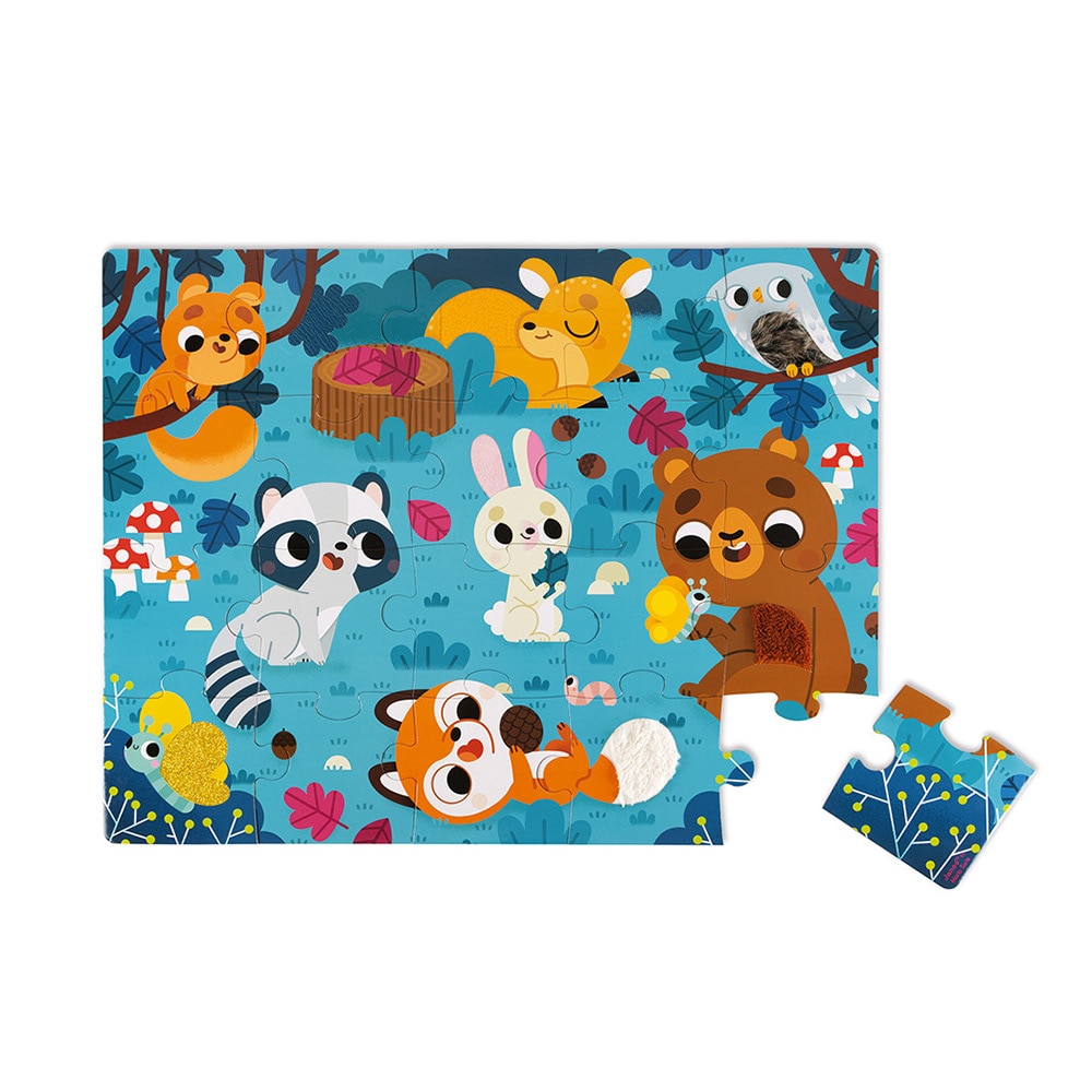 Puzzle tactil, Janod, animalele din padure, 20 piese, 2 ani+
