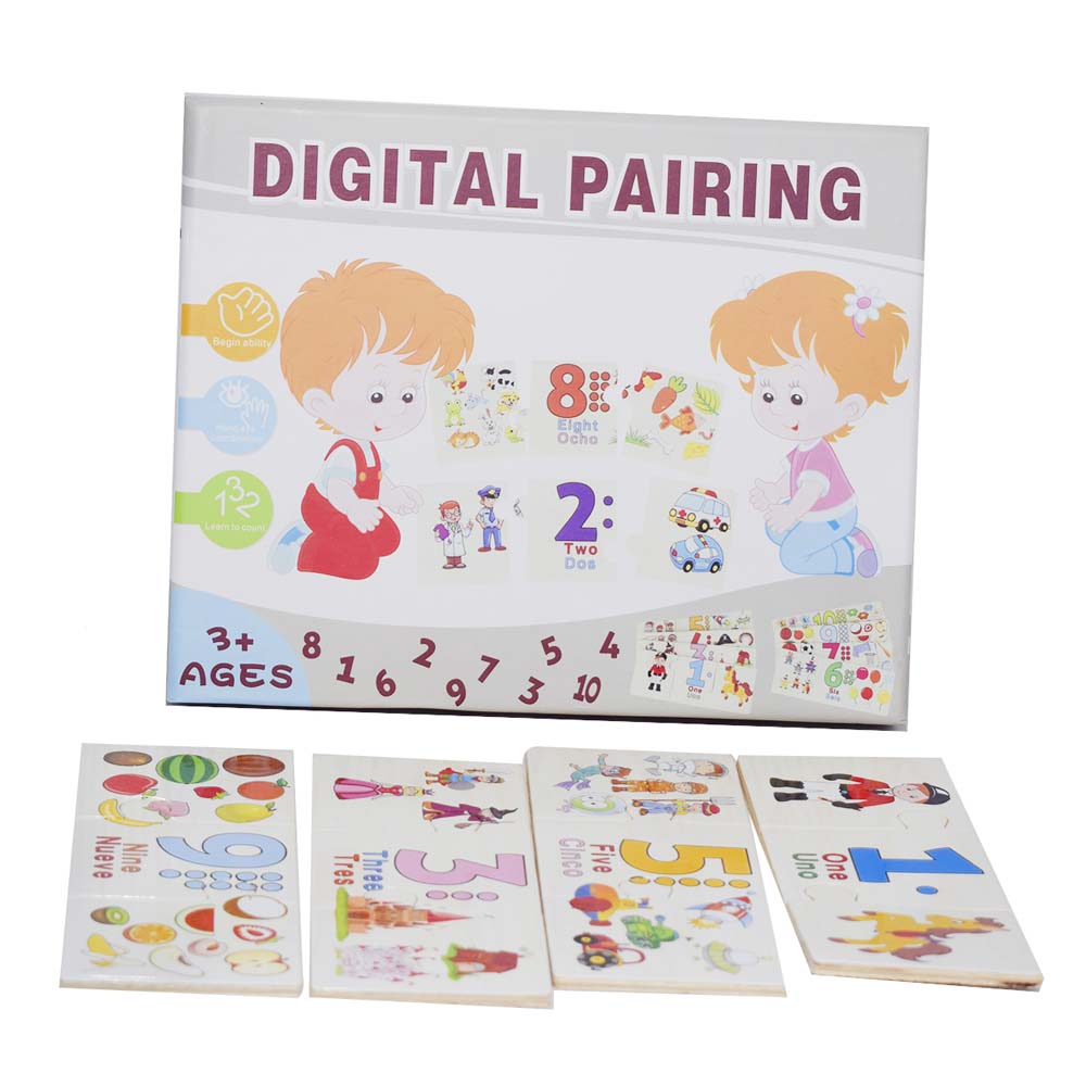 Puzzle trei piese din lemn cu asocieri numere, multimi, in engleza si spaniola, 30 piese, WD9564 RCO®