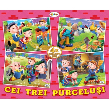 Puzzle 4 imagini - Cei trei purcelusi, 59 piese Puzzle 4 imagini - Cei trei purcelusi, 59 piese