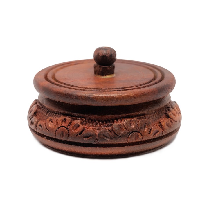 Kerek doboz doboz fedővel, faragott, Createur, Fa, Barna - 6 cm